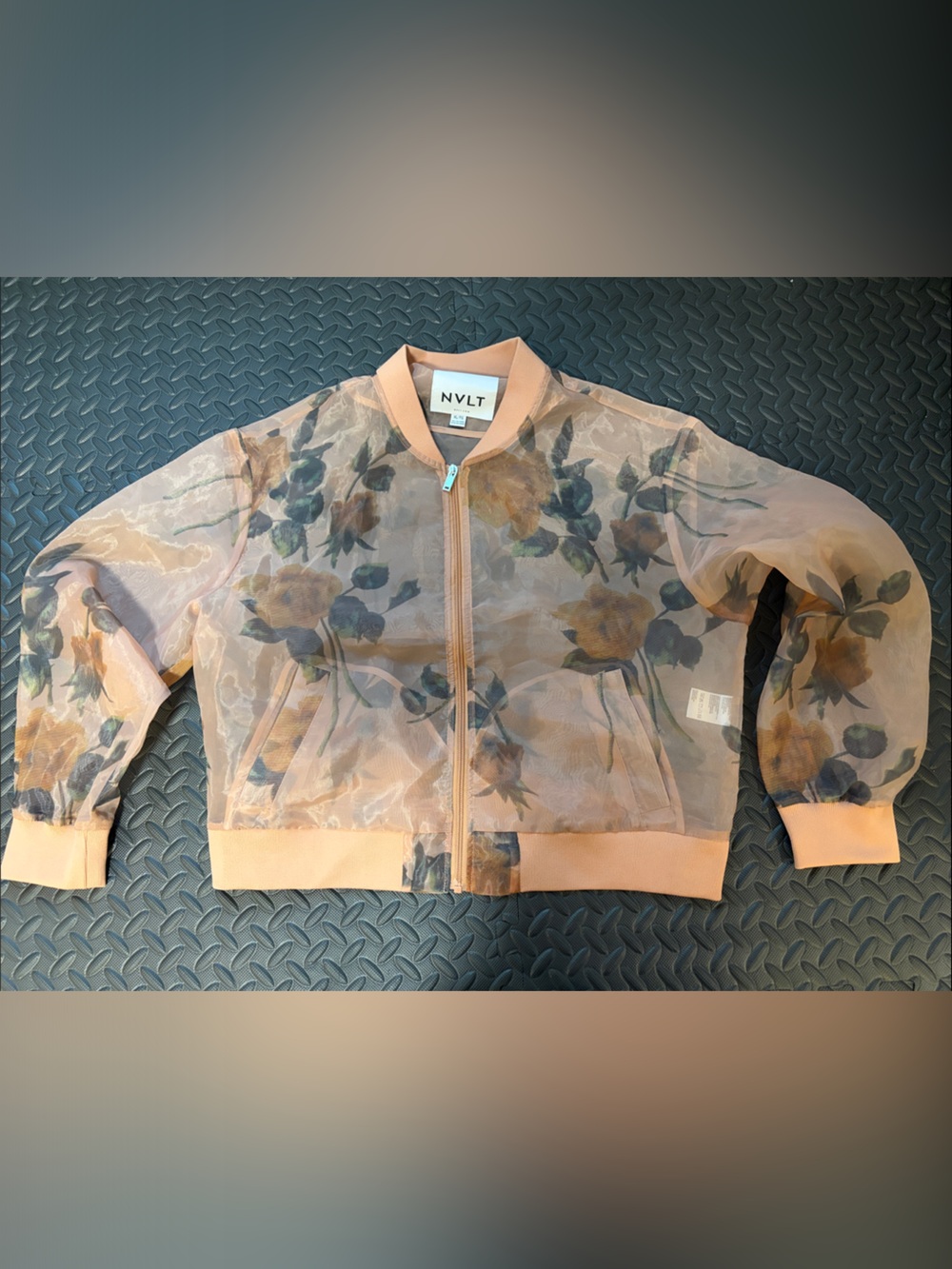 NVLT Floral Organza Bomber Jacket Sheer Peach